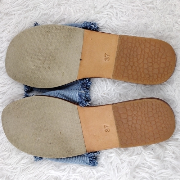 James Smith Blue Leather Fray Denim Fabric Upper Open Toe Slide Flat Sandal Shoe - Picture 7 of 15